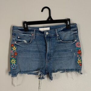 MOTHER Blue Denim Shorts with Colorful Floral Embroidery